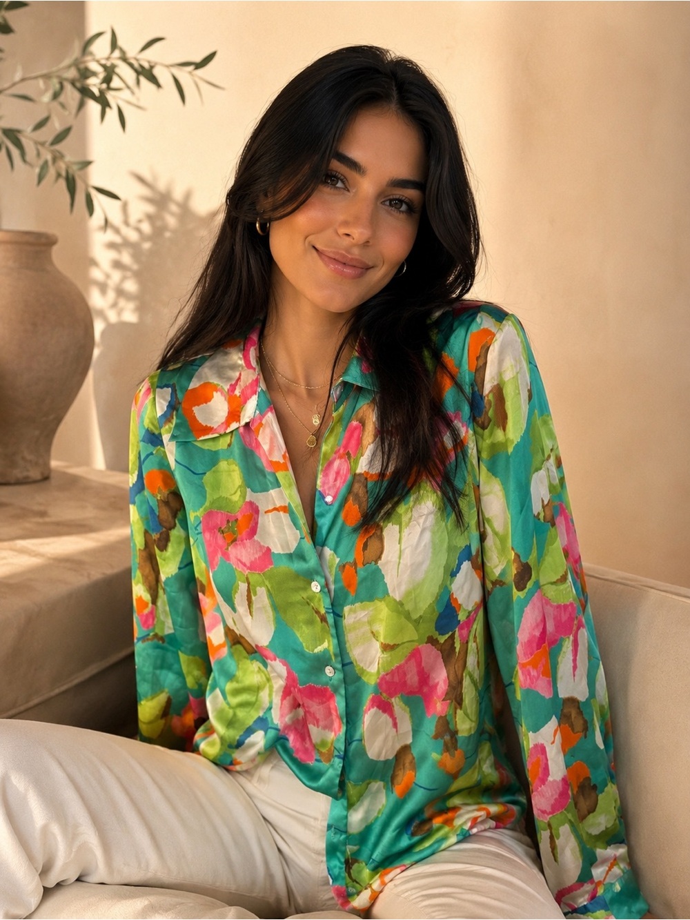 Zara green Floral Satin Button Up Blouse M
Effect Lightweight